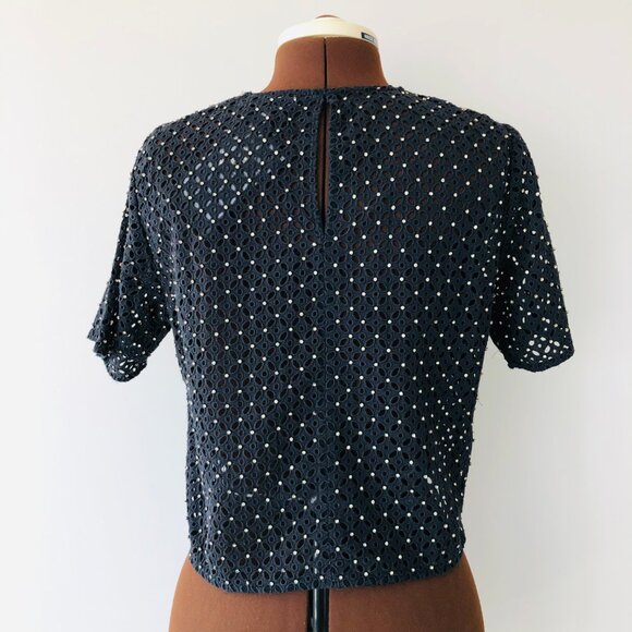 Rhinestone Studded Navy Cotton Eyelet Boxy Crop Top - Picture 3 of 8